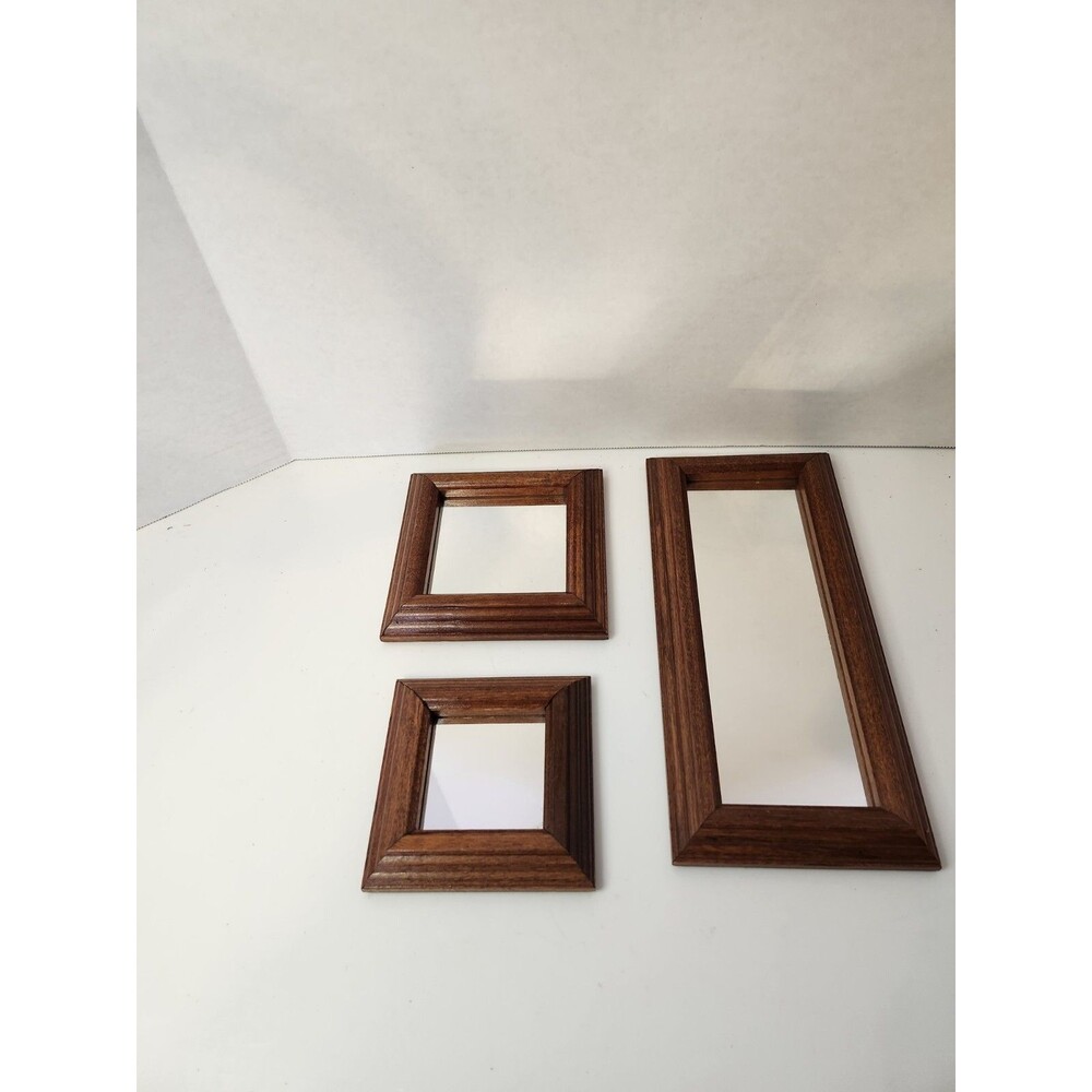 SET OF 3 HOME INTERIORS 11" 4.5" 5.5" SQUARE MIRRORS BROWN WOOD FRAME
